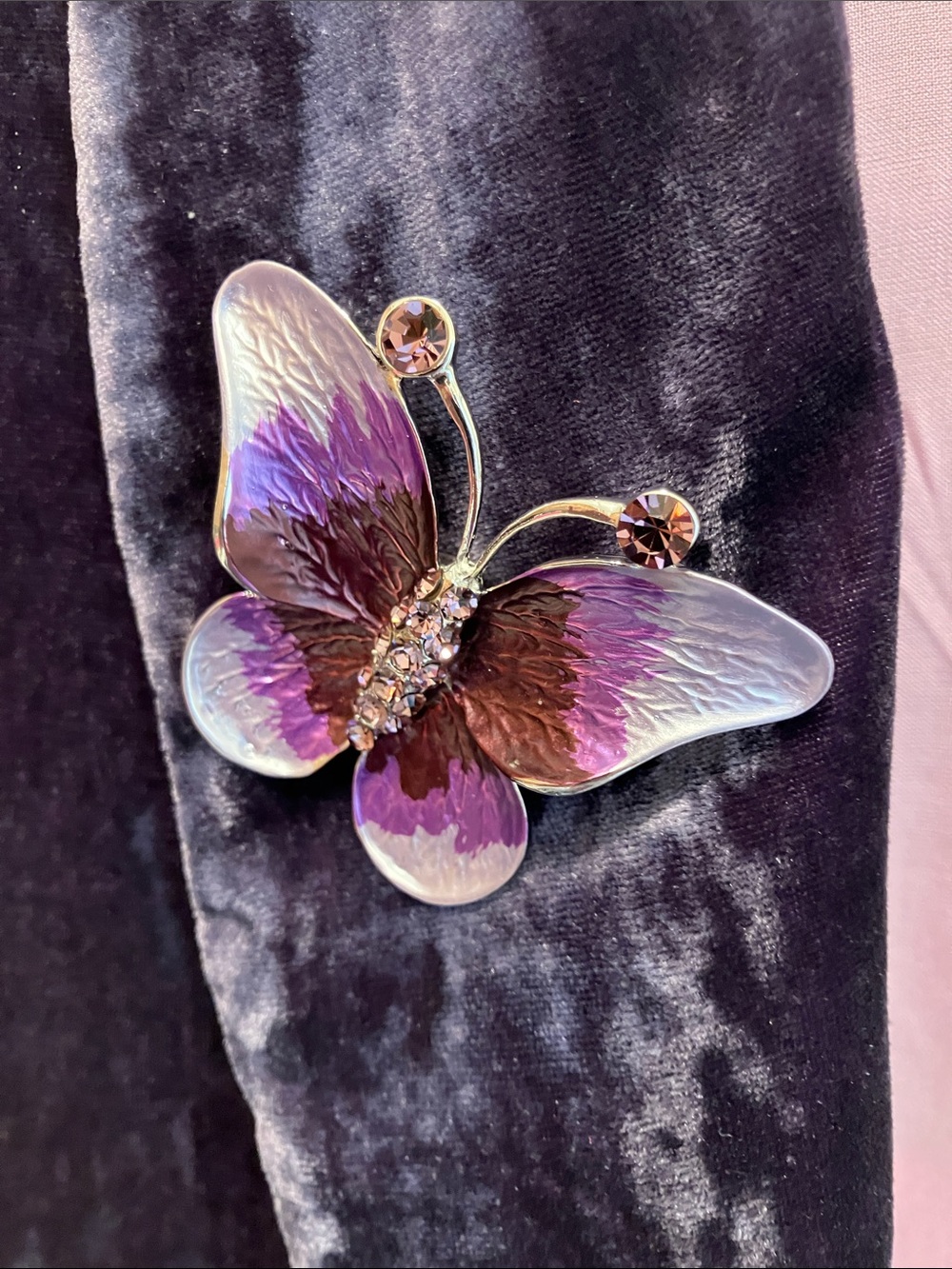 Butterfly Brooch - Silver Tone Pink Crystal Magnetic Pin